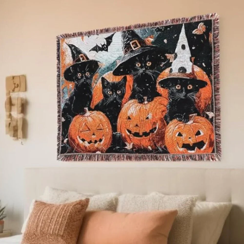 Vintage Kittens with Pumpkins Halloween Blanket Sofa Throw